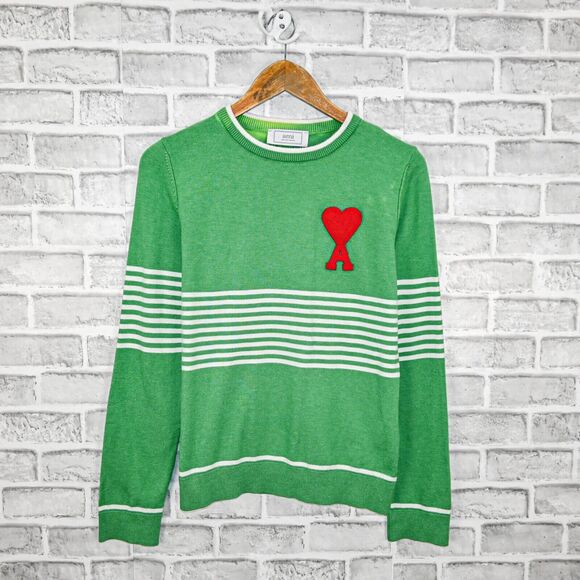 AMI Alexandre Mattiussi Heart Logo Stripe Sweater in Green size XL - Picture 5 of 11